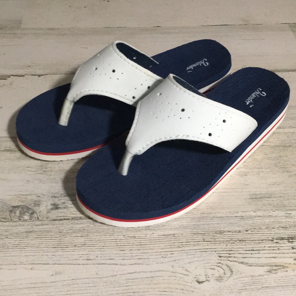 White with red stripe and blue inside foam thong sandals size 7
